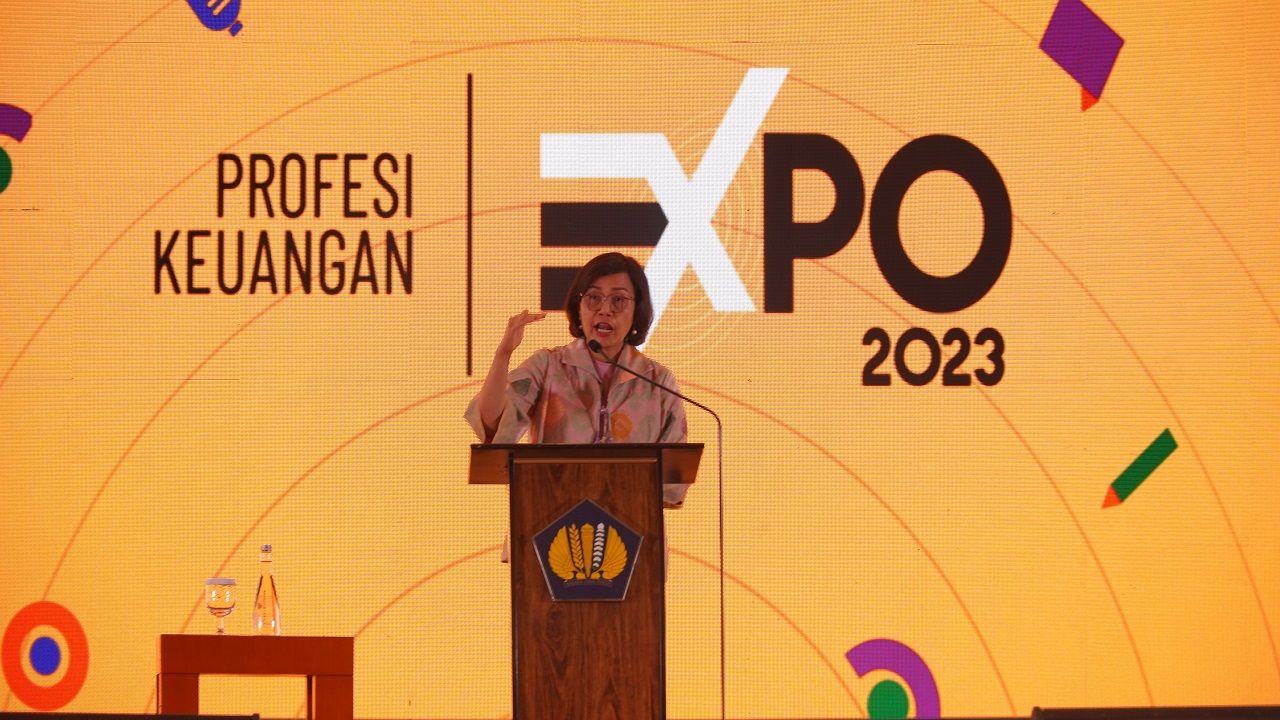 Menkeu pidato pada Pembukaan Profesi Keuangan Expo 2023 di Jakarta ( Foto : Humas Kemankeu )oto