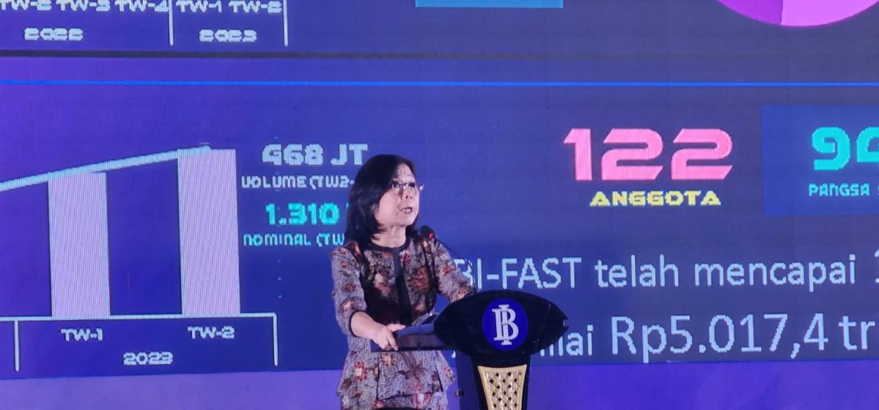 Deputi Gubernur Bank Indonesia Filianingsih Hendarta saat sambutan pada Sarasehan TP2DD tentang KKI & QRIS, di Surabaya ( Foto : Jatimkini.com / Alvian Yoananta )