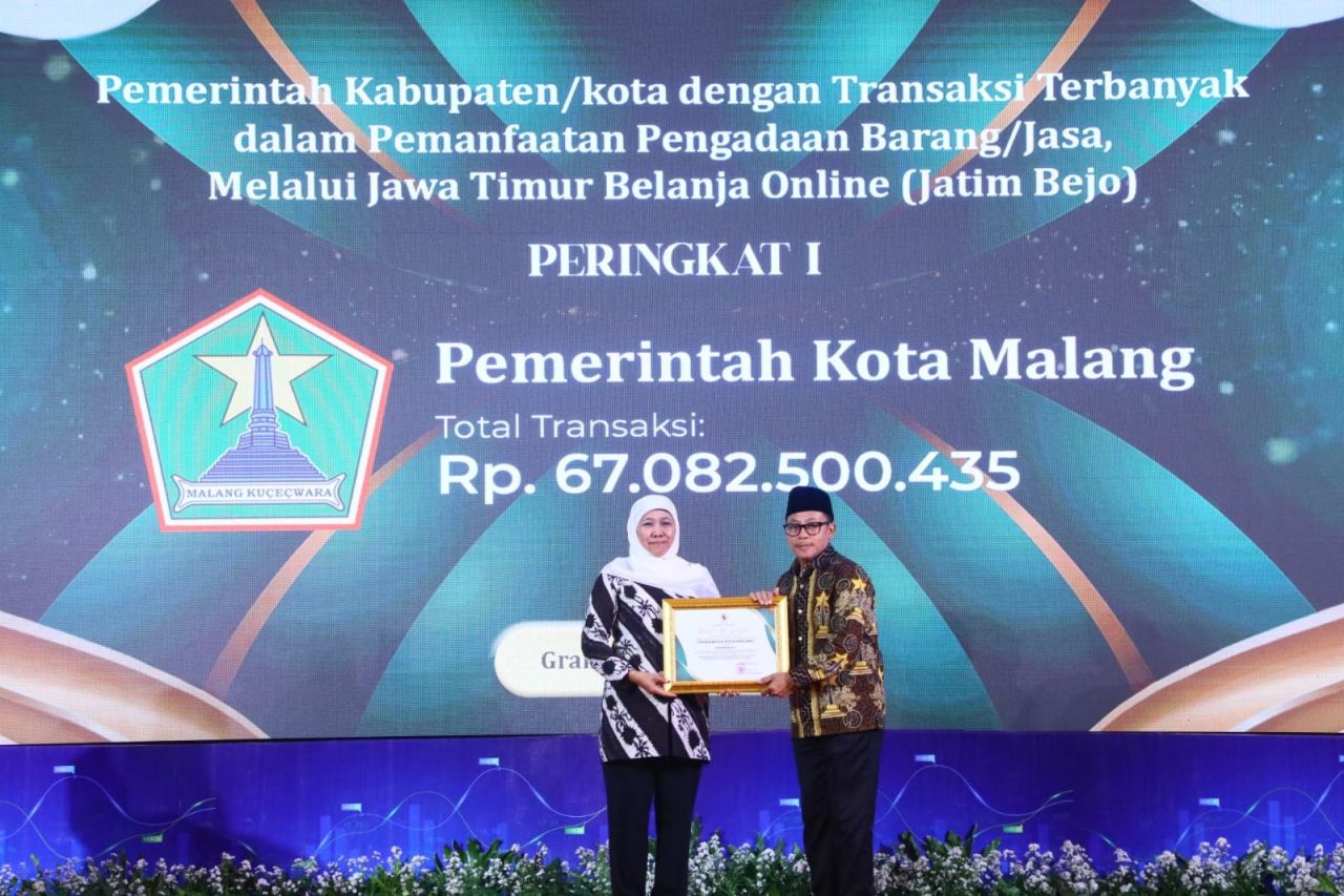 Wali Kota Malang Sutiaji saat menerima penghargaan dari Gubernur Jatim Khofifah Indar Parawansa. Foto : Dok. Bagian Protokol dan Komunikasi Pimpinan Kota Malang
