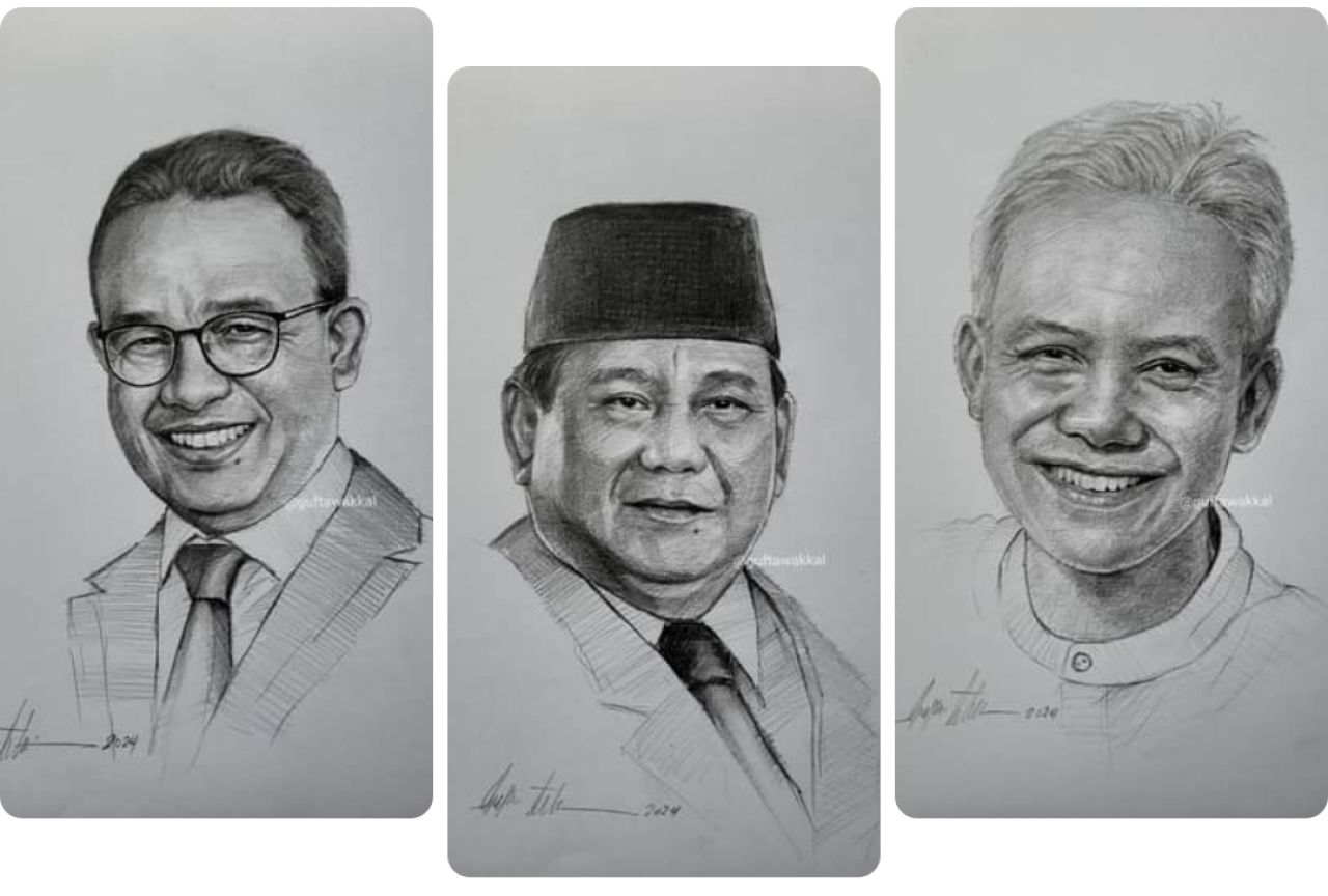 Menjelang Hari H pemungutan suara pemilihan presiden pada Rabu, 14 Februari 2024, Lembaga Survei Indonesia (LSI) merilis hasil jajak pendapat terbaru terkait elektabilitas calon presiden dan wakil presiden. ( Foto :  Lukisan karya Guf Tawakal / Jatimkini.