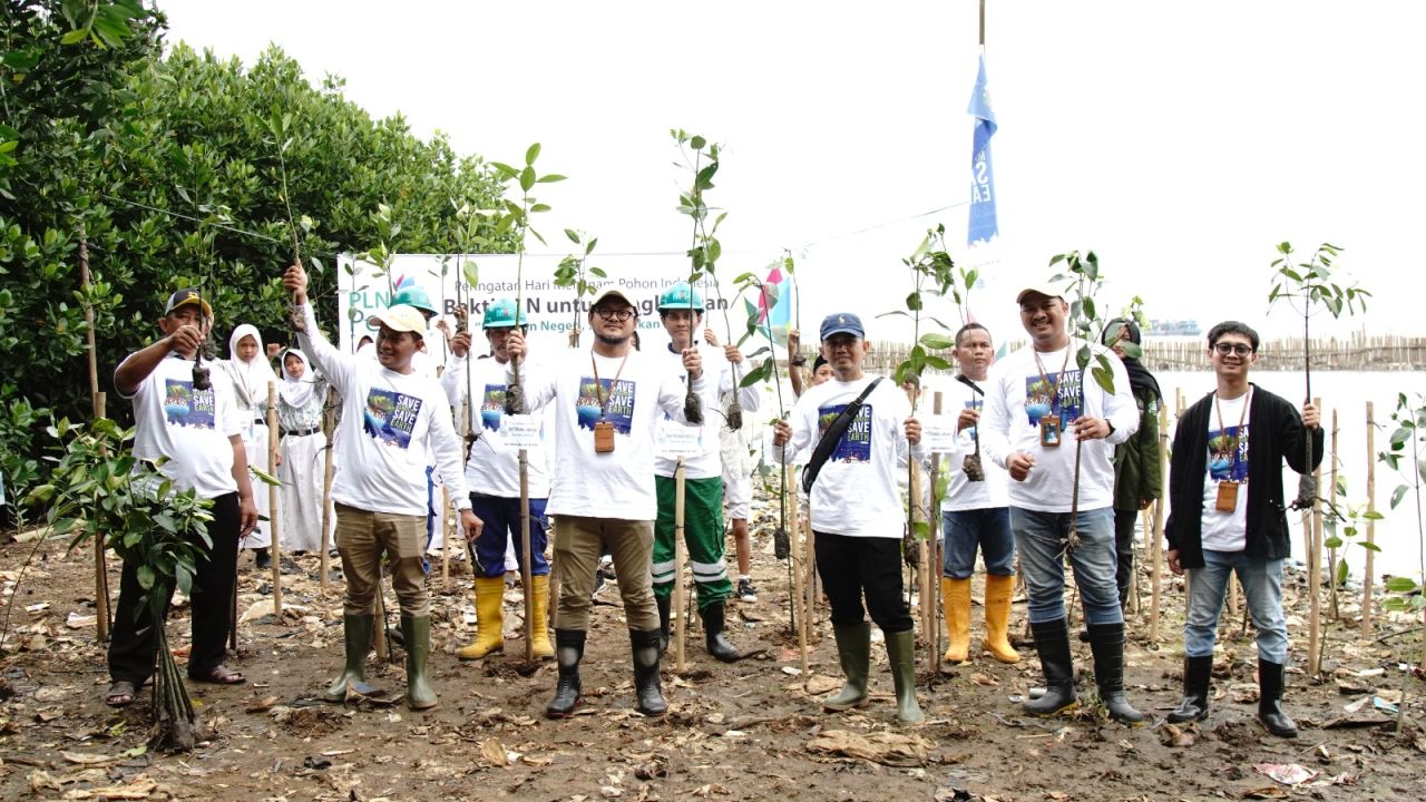 Pegawai PLN Nusantara Power menjadi  relawan dalam  penanaman mangrove di kawasan pesisir Muara Angke. (Foto: PLN NP for Jatimkini)