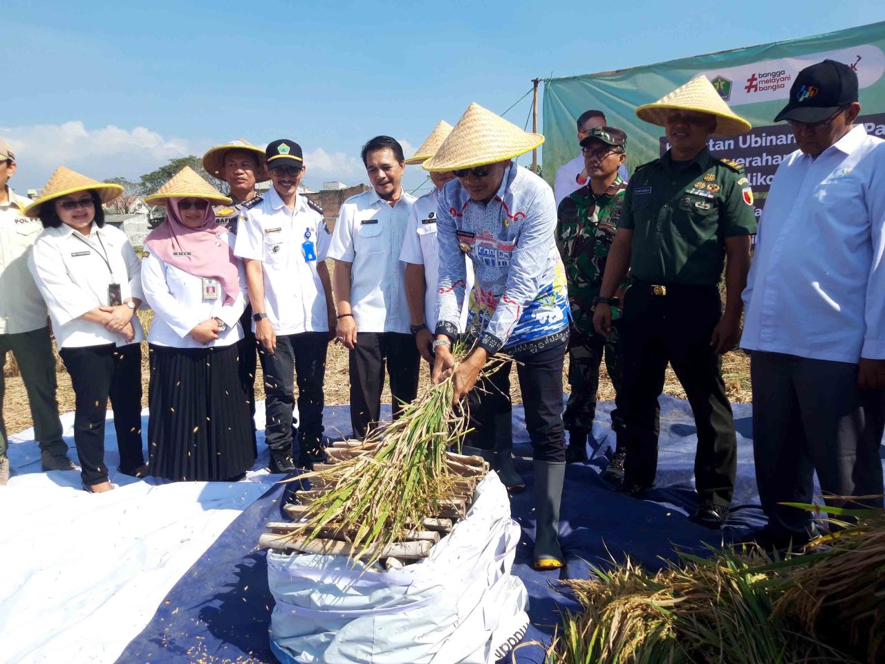 Penjabat Wali Kota Malang Wahyu Hidayat melakukan pengambilan ubinan dan menyerahkan bantuan benih padi di Kelurahan Tasikmadu, Kecamatan Lowokwaru, Kota Malang, Rabu (26/6). Foto: Jatimkini/Bagus Suryo