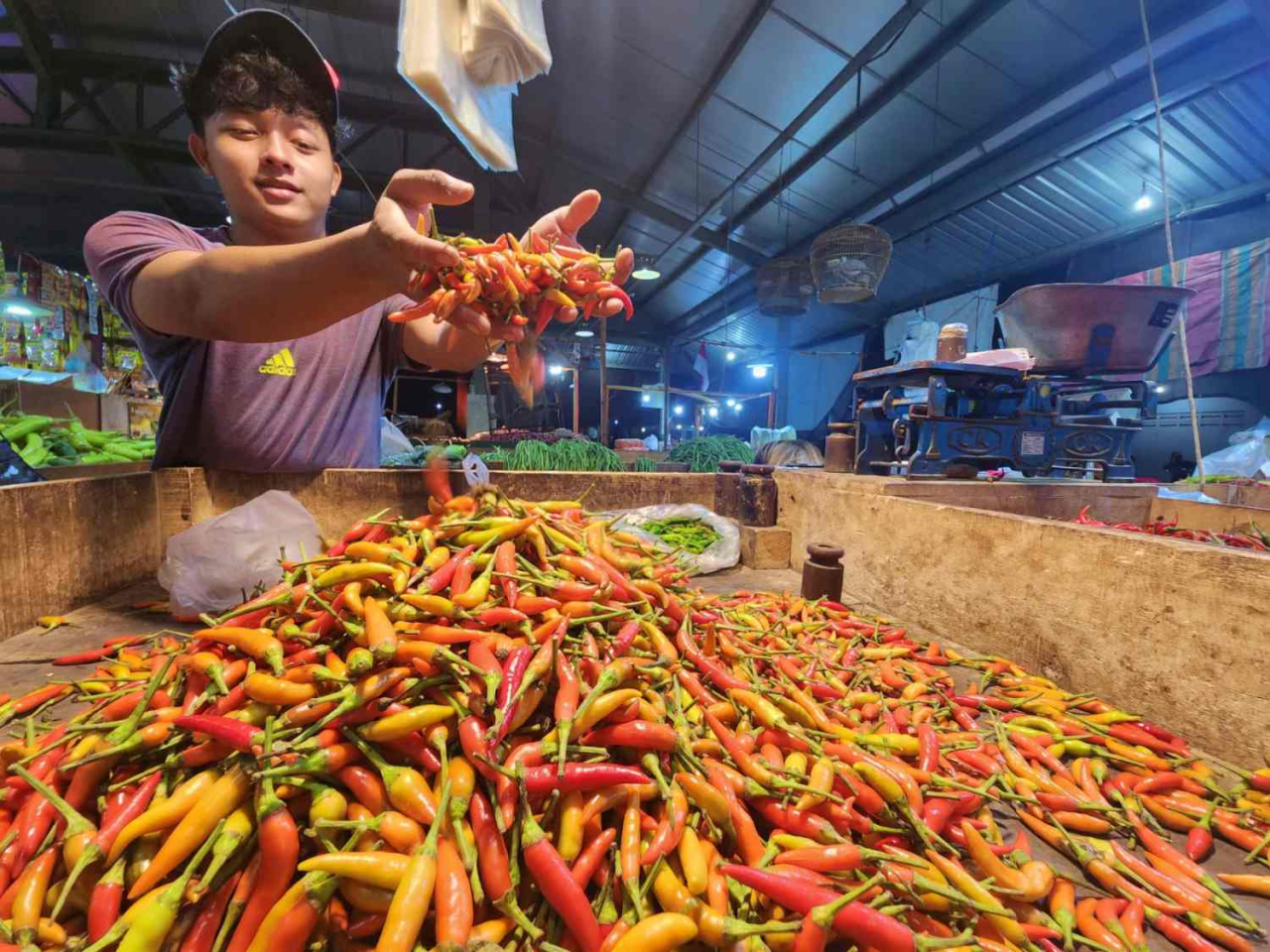 Pedagang cabai di Pasar Induk Sidotopo Surabaya. Foto : Peni Widarti