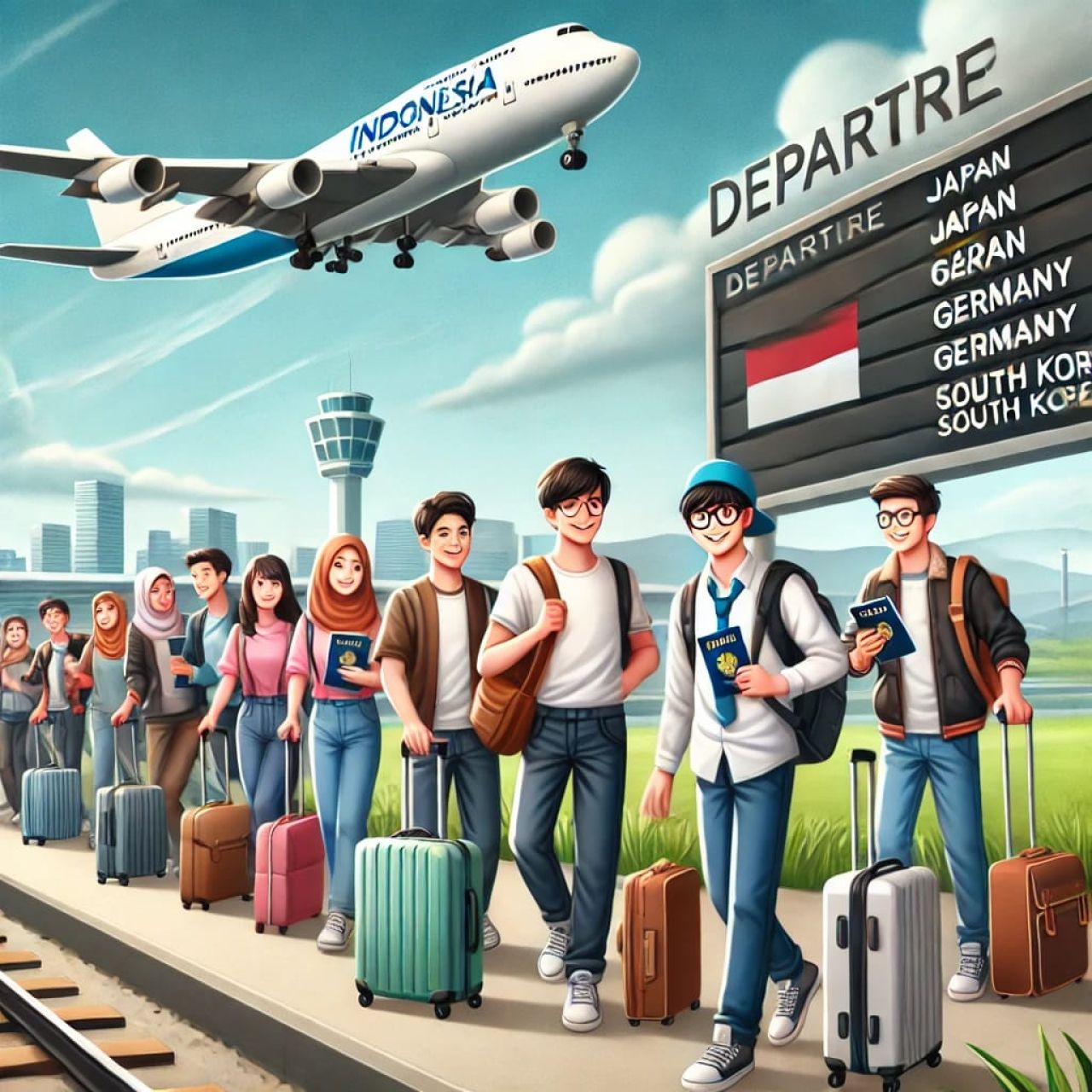 Ilustrasi pekerja muda Indonesia bersiap berangkat ke luar negeri dengan penuh semangat. ( Foto : AI )