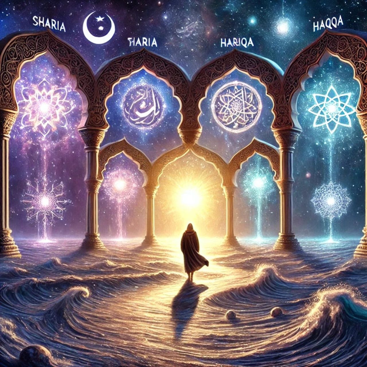 Ilustrasi : Perjalanan spiritual menuju cahaya ilahi melalui empat lapisan kebenaran ( Foto: AI )