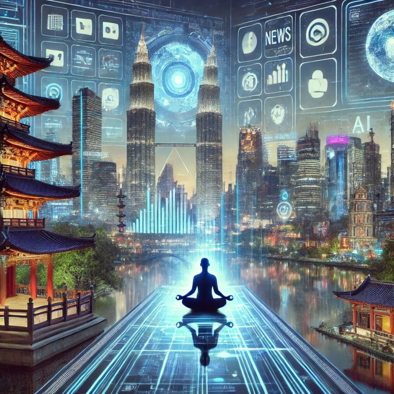 Iilustrasi keseimbangan antara koneksi spritual dan gangguan dunia digital ( Foto : AI )