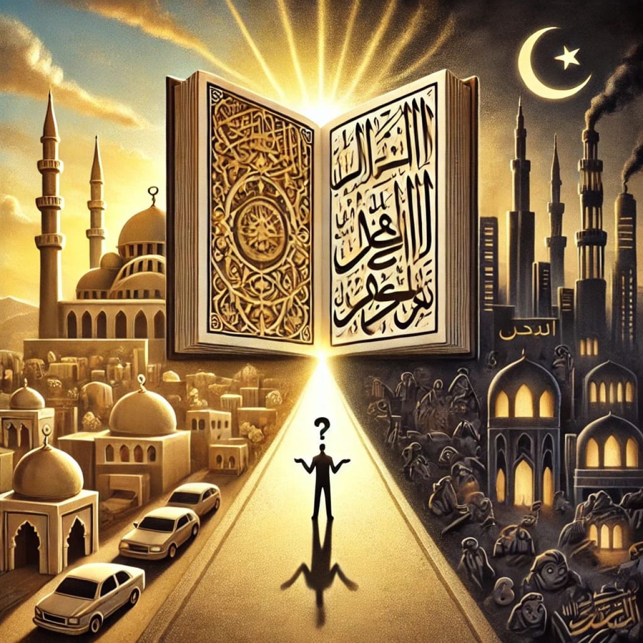 Ilustrasi antara idealisme Islam dan tantangan kenyataan dunia (Foto : AI )