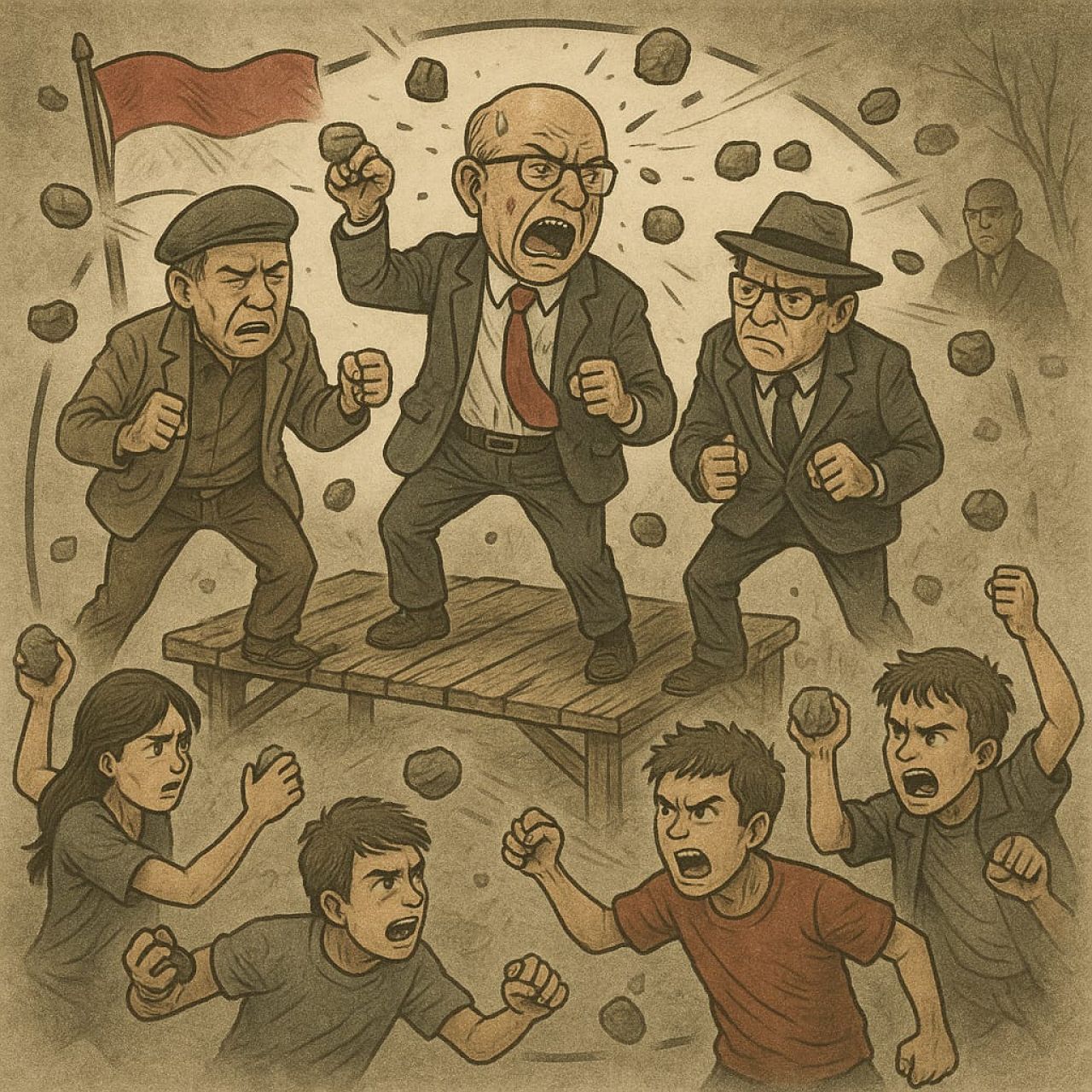 Provokator Dilempari Batu' ilustrasi by Rokimdakas for JatimKini.com