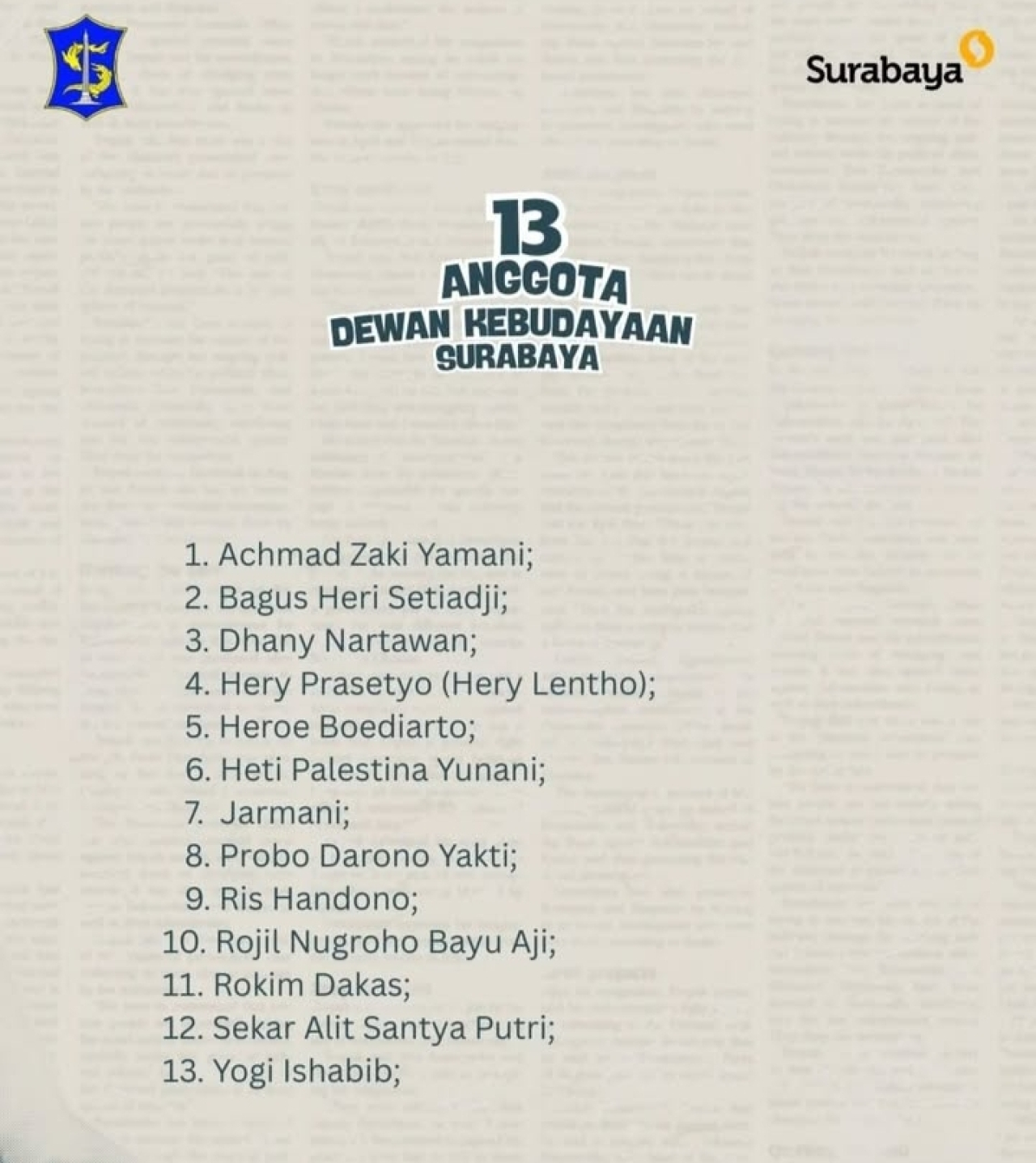Dewan Kebudayaan Surabaya (DKS) memasuki fase krusial. Setelah melewati rangkaian seleksi berlapis sejak pertengahan Februari, sebanyak 13 nama (  Foto : Istimewa )