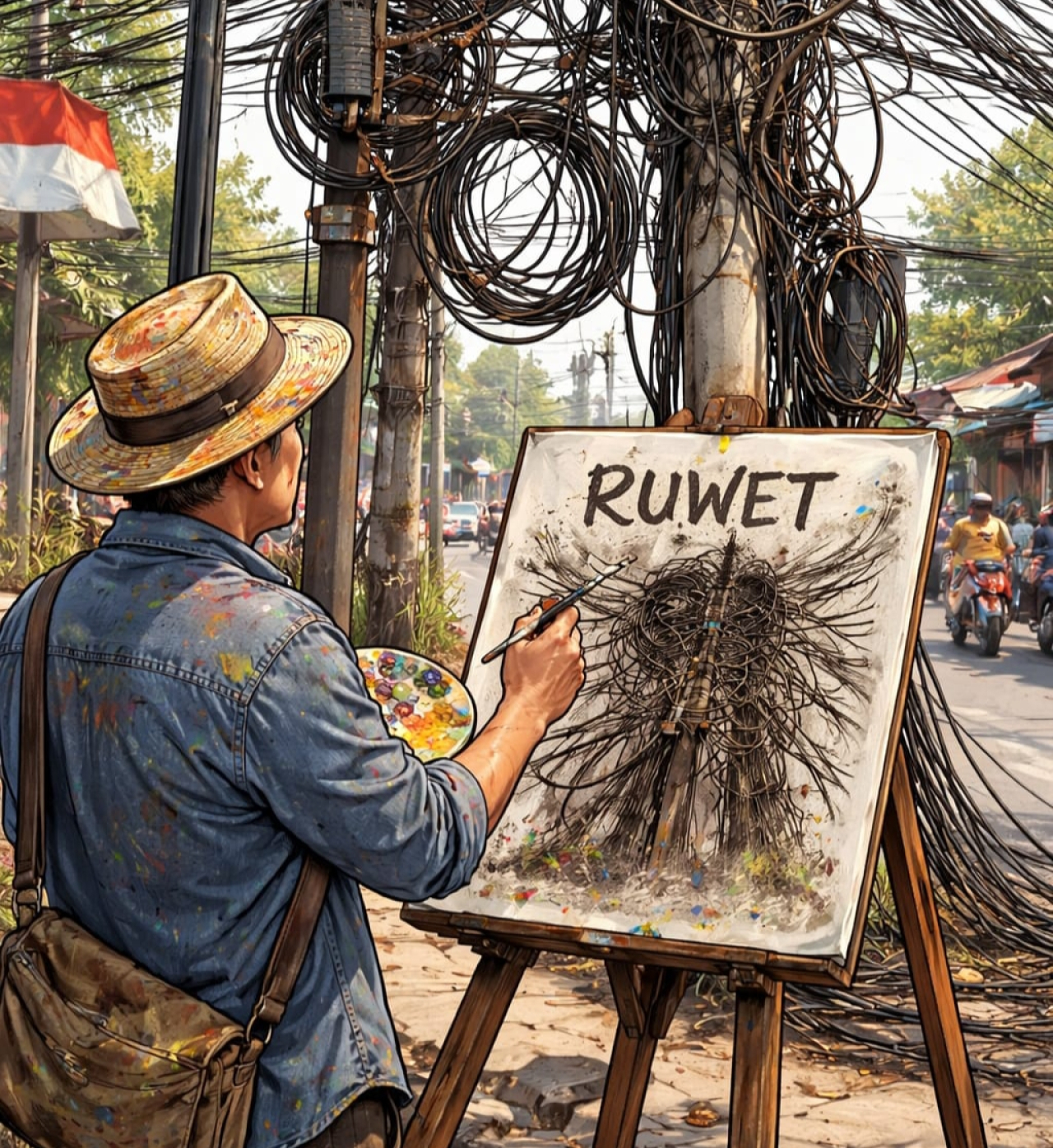 Seniman sedang melukis simbol kondisi Indonesia yang diberi judul "Ruwet". ( foto : ist )
