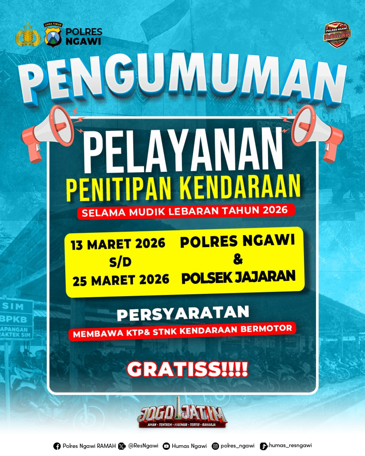Polres Ngawi Polda Jatim bersama Polsek jajaran menyediakan layanan penitipan kendaraan bermotor bagi warga yang akan meninggalkan rumah untuk mudik ke kampung ( Foto : Istimewa )