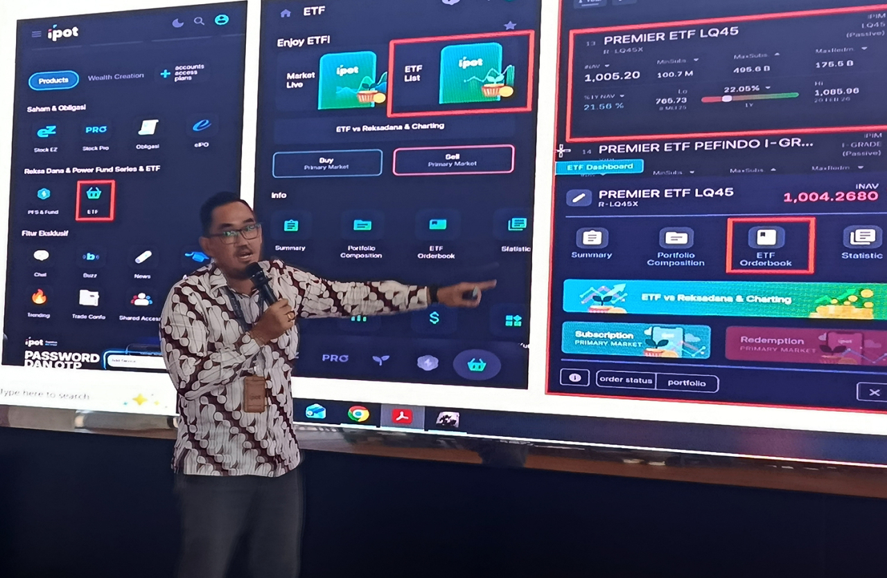 Branch Manager Indo Premier Sekuritas, Marco Rijkaard Pereira menjelaskan keuntungan ETF di sela workshop BEI dengan media, Rabu (6/5/2026).
