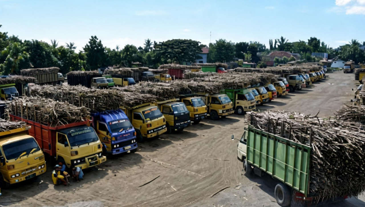 Angkutan tebu sedang parkir di halaman pabrik gula untuk mamasok bahan baku produksi gula. Foto : SGN