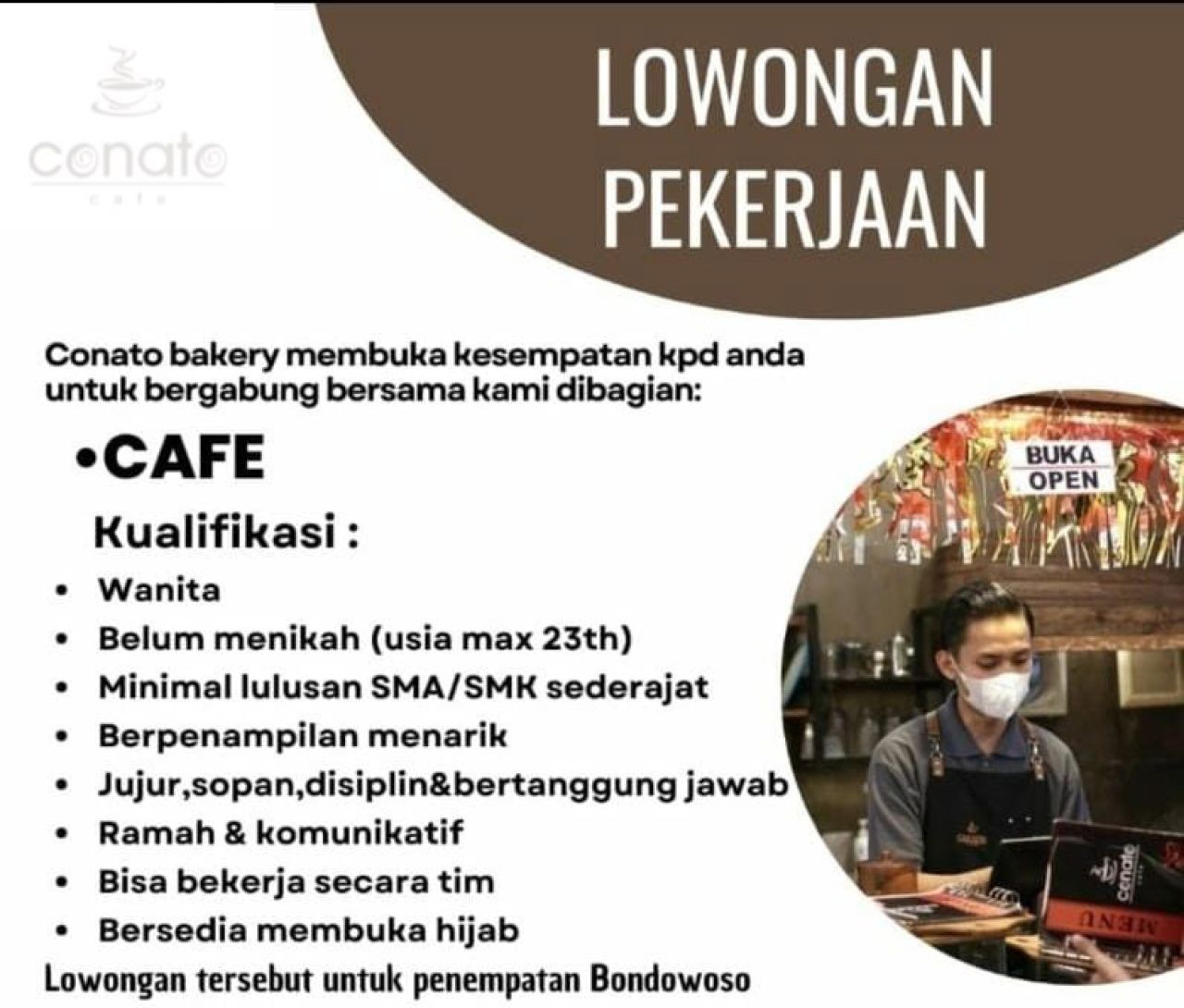 flyer lowongan pekerjaan (loker) yang dibuat salah satu toko roti di Bondowoso yang dianggap tidak etis bagi pelamar ( Foto : Tangkapan layar WAG / Abdur Rokib )
